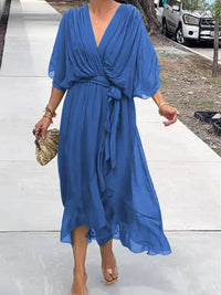 Sophie | Damen Chiffon Cocktailparty-Kleid V-Ausschnitt Taillengürtel Midi in Blau