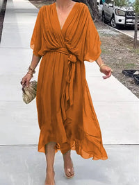 Sophie | Damen Chiffon Cocktailparty-Kleid V-Ausschnitt Taillengürtel Midi in Orange