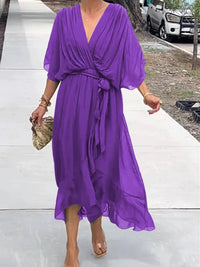 Sophie | Damen Chiffon Cocktailparty-Kleid V-Ausschnitt Taillengürtel Midi in Lila