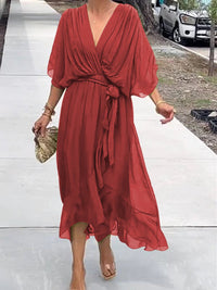 Sophie | Damen Chiffon Cocktailparty-Kleid V-Ausschnitt Taillengürtel Midi in Rot