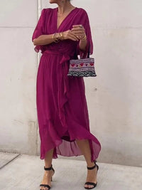 Sophie | Damen Chiffon Cocktailparty-Kleid V-Ausschnitt Taillengürtel Midi in Dunkelviolett
