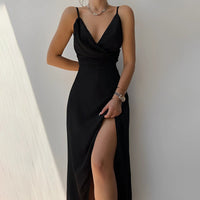 Marlene | Damen Cocktail Party Dress Elegantes Maxi-Kleid V-Ausschnitt Schlitz in Schwarz