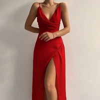 Marlene | Damen Cocktail Party Dress Elegantes Maxi-Kleid V-Ausschnitt Schlitz in Rot