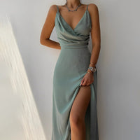 Marlene | Damen Cocktail Party Dress Elegantes Maxi-Kleid V-Ausschnitt Schlitz in Armeégrün