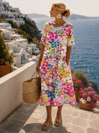 Elfriede | Damen Cocktailkleid Buntes Blumen-Midi-Kleid Kurzarm Sommerkleid in Rosa