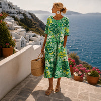 Elfriede | Damen Cocktailkleid Buntes Blumen-Midi-Kleid Kurzarm Sommerkleid in Grün