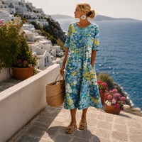 Elfriede | Damen Cocktailkleid Buntes Blumen-Midi-Kleid Kurzarm Sommerkleid in Blau
