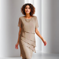 Emilia | Damen Cocktailkleid geschichtetes Chiffon Kurzarm Abendkleid in Khaki