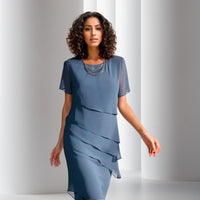 Emilia | Damen Cocktailkleid geschichtetes Chiffon Kurzarm Abendkleid in Blau