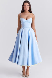 Annika | Damen Cocktailkleid Midi Schwingrock Bügelcup Trägerkleid in Blau