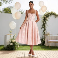 Johanna | Damen Cocktailkleid mit Rüschenoberteil ausgestelltem Jacquard-Rock in Rosa
