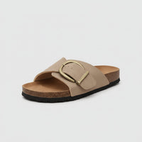 Katharina | Damen Comfortable Sandals Breiter Riemen Schnalle Slip-On Flachsandalen in Klassisches Beige