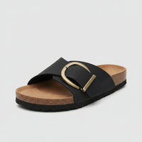 Katharina | Damen Comfortable Sandals Breiter Riemen Schnalle Slip-On Flachsandalen in Mitternachtsschwarz
