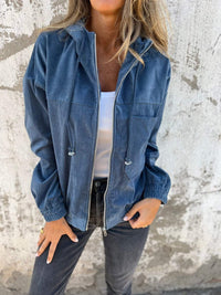 Mia | Damen Cord Kapuzenjacke mit Reißverschluss Oversized Freizeitjacke in Blau