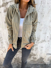 Mia | Damen Cord Kapuzenjacke mit Reißverschluss Oversized Freizeitjacke in Grün