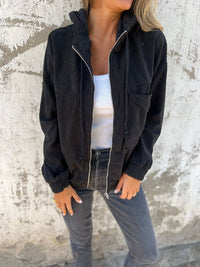 Mia | Damen Cord Kapuzenjacke mit Reißverschluss Oversized Freizeitjacke in Schwarz
