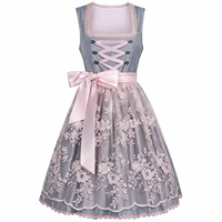 Damen Dirndl Kleid mit Stehkragen, Schnürfront und Spitzenüberlage in Hellblau