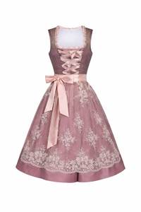 Damen Dirndl Kleid mit Stehkragen, Schnürfront und Spitzenüberlage in Rosa