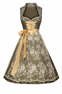 Damen Dirndl Kleid mit Stehkragen, Schnürfront und Spitzenüberlage in Dunkelgrün