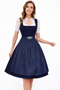Damen Dirndl Set mit Stehkragenbluse, Taillenapplikation und Rockteil in Blau