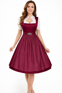 Damen Dirndl Set mit Stehkragenbluse, Taillenapplikation und Rockteil in Rot