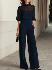 Damen Dreiteiliges Set mit Transparentem Oberteil und Weiter Hose in Marineblau
