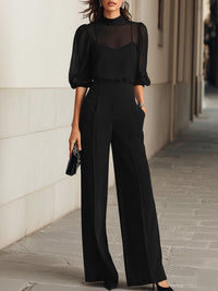 Damen Dreiteiliges Set mit Transparentem Oberteil und Weiter Hose in Schwarz