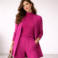 Emilia | Damen Dreiteiliges Strick-Loungewear-Set mit langem Cardigan in Rosa