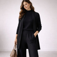 Emilia | Damen Dreiteiliges Strick-Loungewear-Set mit langem Cardigan in Schwarz