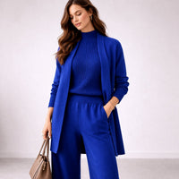 Emilia | Damen Dreiteiliges Strick-Loungewear-Set mit langem Cardigan in Blau