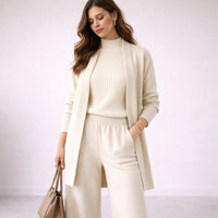 Emilia | Damen Dreiteiliges Strick-Loungewear-Set mit langem Cardigan in Weiß