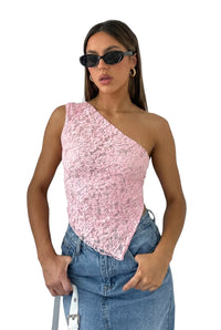 Damen-Ein-Schulter-Oberteil aus Spitze mit asymmetrischem Ausschnitt in Rosa