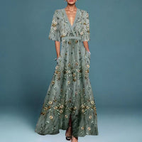 Emilia | Damen Elegante Blumen Maxi Abendkleider mit tiefem V-Ausschnitt in Blau