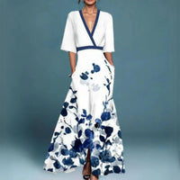 Emilia | Damen Elegante Blumen Maxi Abendkleider mit tiefem V-Ausschnitt in Weiß