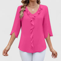 Marlene | Damen Elegante Rüschen-Bluse V-Ausschnitt Halbarm in Pink