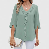 Marlene | Damen Elegante Rüschen-Bluse V-Ausschnitt Halbarm in Green
