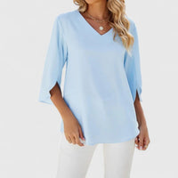 Marlene | Damen Elegante Rüschen-Bluse V-Ausschnitt Halbarm in Classic Blue