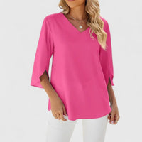 Marlene | Damen Elegante Rüschen-Bluse V-Ausschnitt Halbarm in Classic Pink