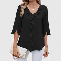 Marlene | Damen Elegante Rüschen-Bluse V-Ausschnitt Halbarm in Black