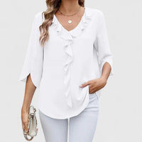 Marlene | Damen Elegante Rüschen-Bluse V-Ausschnitt Halbarm in White