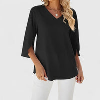 Marlene | Damen Elegante Rüschen-Bluse V-Ausschnitt Halbarm in Classic Black