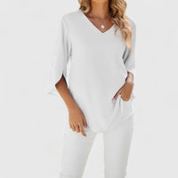 Marlene | Damen Elegante Rüschen-Bluse V-Ausschnitt Halbarm in Classic White