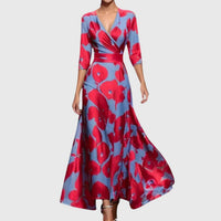 Elisabeth | Damen Elegantes Blumen-Maxi-Wickelkleid mit 3/4-Ärmeln V-Ausschnitt in Rot