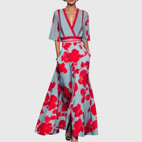 Elisabeth | Damen Elegantes Blumen-Maxi-Wickelkleid mit 3/4-Ärmeln V-Ausschnitt in Blau Rot