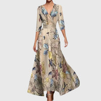 Elisabeth | Damen Elegantes Blumen-Maxi-Wickelkleid mit 3/4-Ärmeln V-Ausschnitt in Champagner