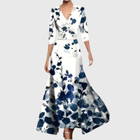Elisabeth | Damen Elegantes Blumen-Maxi-Wickelkleid mit 3/4-Ärmeln V-Ausschnitt in Blau