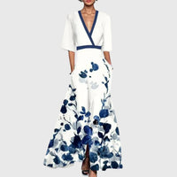 Elisabeth | Damen Elegantes Blumen-Maxi-Wickelkleid mit 3/4-Ärmeln V-Ausschnitt in Weiß