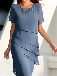 Amelie | Damen Elegantes Chiffon Cocktailkleid Gestufte Lagen Rundhals in Blau