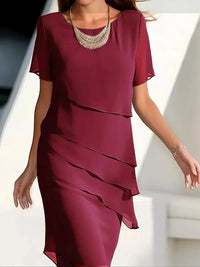 Amelie | Damen Elegantes Chiffon Cocktailkleid Gestufte Lagen Rundhals in Rot