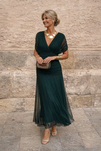 Clara | Damen Elegantes Cocktailkleid Maxi V-Ausschnitt Chiffon Festkleid in Flaschengrün